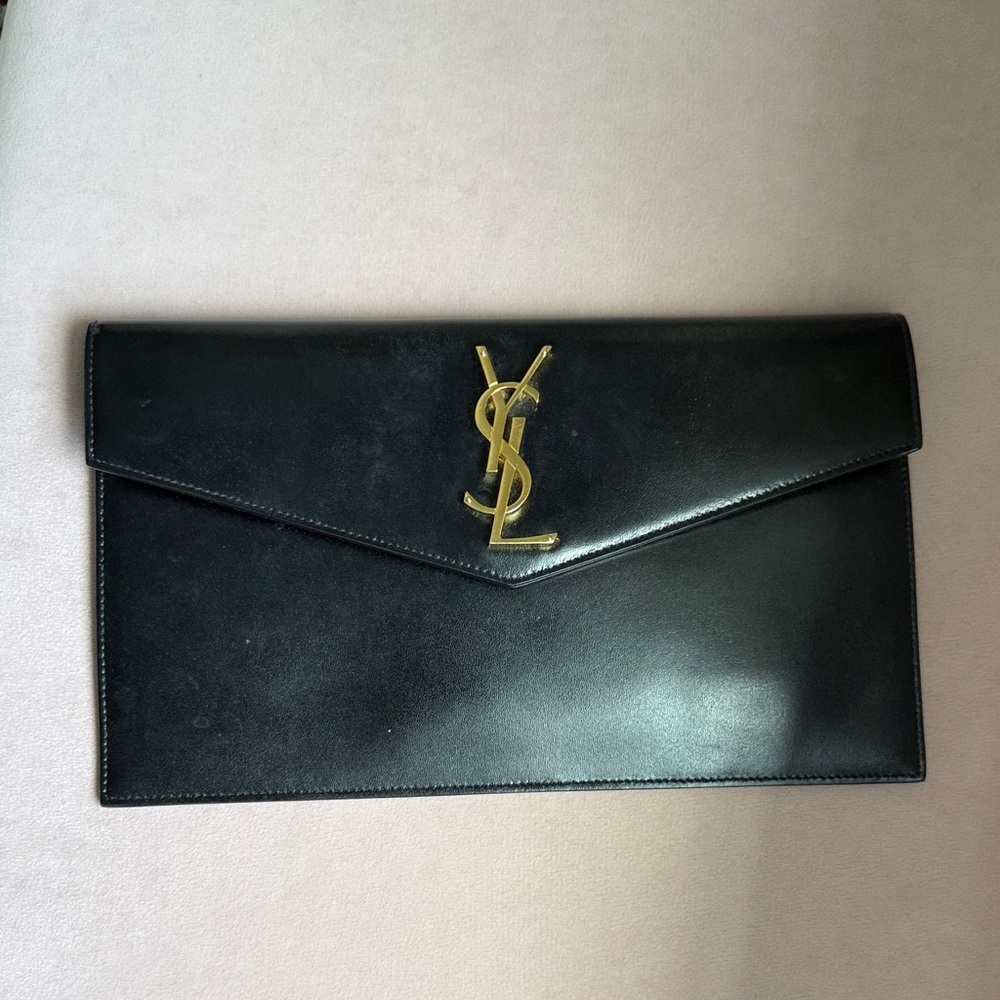 Yves Saint Laurent Black Leather Clutch with Gold Emblem